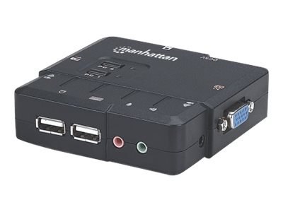Manhattan KVM Switch Compact 2-Port, 2x USB-A, Cables included, Audio Support, Control 2x computers from one pc/mouse/screen, Bl