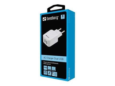 Sandberg AC Charger Dual - Zasilacz - 2.4 A - 2 złącza wychodzące (2 x USB) - Europa