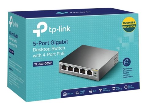 TP-Link TL-SG1005P - Przełącznik - niezarządzalny - 4 x 10/100/1000 (PoE) + 1 x 10/100/1000 - stacjonarny - PoE (56 W)