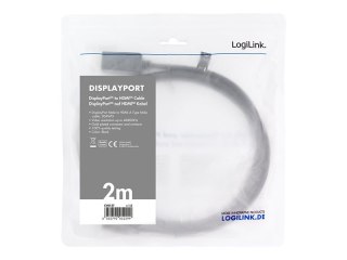 LogiLink - Kabel przejściowy - DisplayPort 20-pin męski do HDMI męski - 2 m - czarny - obsługa 4K