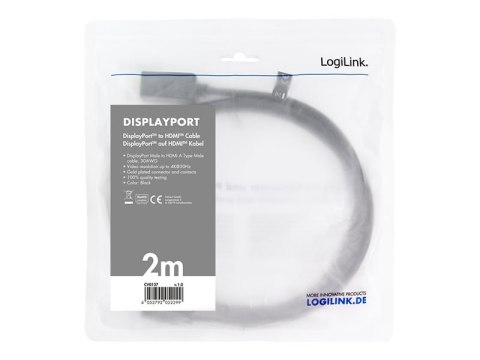 LogiLink - Kabel przejściowy - DisplayPort 20-pin męski do HDMI męski - 2 m - czarny - obsługa 4K