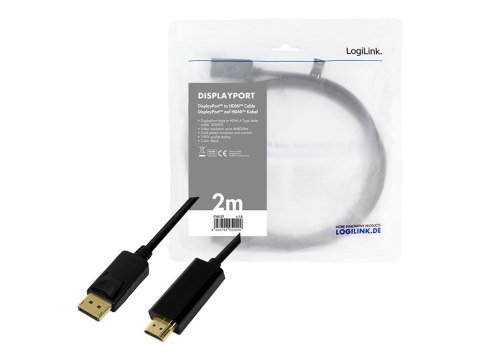 LogiLink - Kabel przejściowy - DisplayPort 20-pin męski do HDMI męski - 2 m - czarny - obsługa 4K