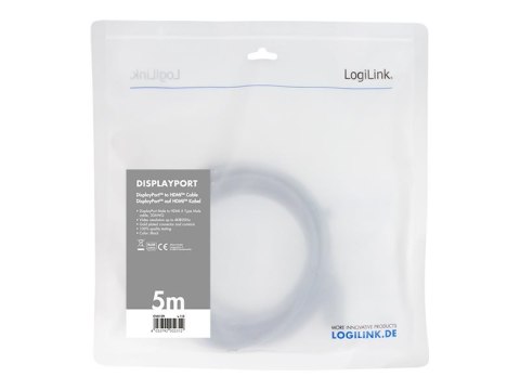 LogiLink - Kabel przejściowy - DisplayPort 20-pin męski do HDMI męski - 5 m - czarny - obsługa 4K