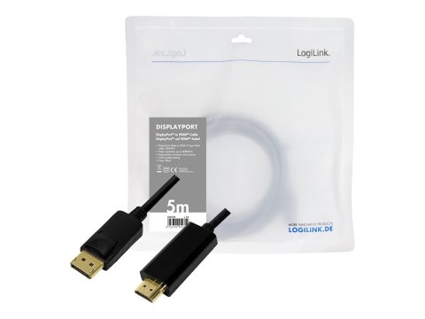 LogiLink - Kabel przejściowy - DisplayPort 20-pin męski do HDMI męski - 5 m - czarny - obsługa 4K