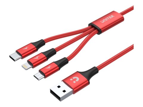 Unitek C4049RD - Kabel danych/zasilający - USB męski do Micro-USB Typ B, Lightning, USB-C męski - 1.2 m - czarny, czerwony