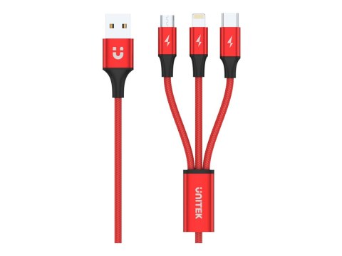 Unitek C4049RD - Kabel danych/zasilający - USB męski do Micro-USB Typ B, Lightning, USB-C męski - 1.2 m - czarny, czerwony