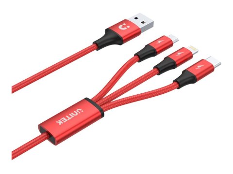 Unitek C4049RD - Kabel danych/zasilający - USB męski do Micro-USB Typ B, Lightning, USB-C męski - 1.2 m - czarny, czerwony