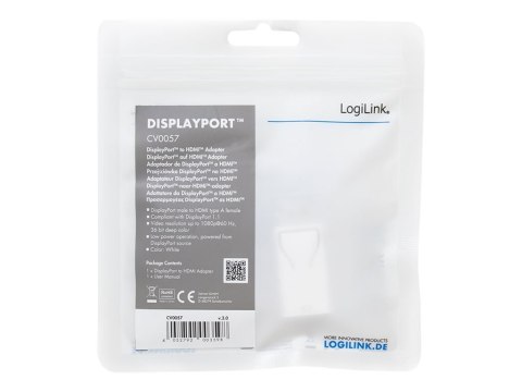 LogiLink - Adapter wideo - DisplayPort 20-pin męski do HDMI żeński - biały