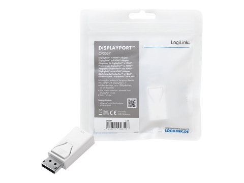 LogiLink - Adapter wideo - DisplayPort 20-pin męski do HDMI żeński - biały