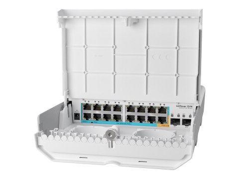 MikroTik netPower 15FR - Przełącznik - 15 x 10/100 (pasywne/zwrotne PoE) + 2 x SFP + 1 x 10/100 (wyjście PoE) - montowany na ści