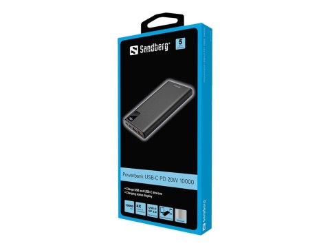 Sandberg - Powerbank - 10000 mAh - 37 Wh - 20 wat - 3 A - QC 3.0, PD - 3 złącza wychodzące (2 x USB, USB-C) - przewodowo: USB-C
