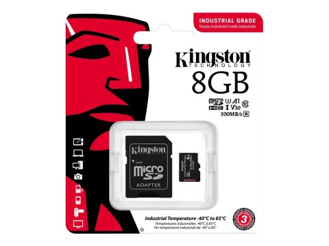 Kingston Industrial - Karta pamięci flash (adapter microSDHC na SD w zestawie) - 8 GB - A1 / Video Class V30 / UHS-I U3 / Class1