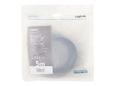 LogiLink - Duża szybkość - kabel HDMI z Ethernet - HDMI męski do HDMI męski - 5 m - potrójnie ekranowany - szary, czarny - obsłu
