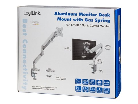 LogiLink - Zestaw do montażu - ramię regulowane - dla wyświetlacz LCD / zakrzywiony wyświetlacz LCD - plastik, aluminium, stal -