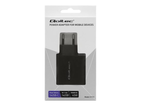 Qoltec - Zasilacz - 45 wat - 3 A - PD - 2 złącza wychodzące (USB, USB-C) - czarny