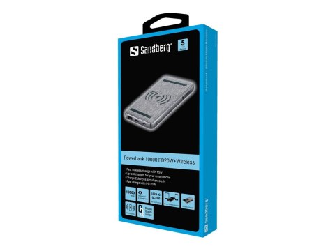 Sandberg - Bezprzewodowy powerbank - Li-pol - 10000 mAh - 37 Wh - 3 A - PD, QC 3.0 - 2 złącza wychodzące (USB-C, USB) - przewodo