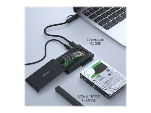 Unitek SolidForce+ - Obudowa pamięci - M.2, 2,5" / 3,5" współdz. - SATA 6Gb/s / PCIe 3.0 x2 (NVMe) - USB 3.2 (Gen 2) - czarny