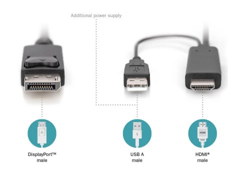 DIGITUS - Kabel przejściowy - DisplayPort 20-pin męski do HDMI, USB (tylko zasilanie) męski - 2 m - obsługa 4K 30 Hz