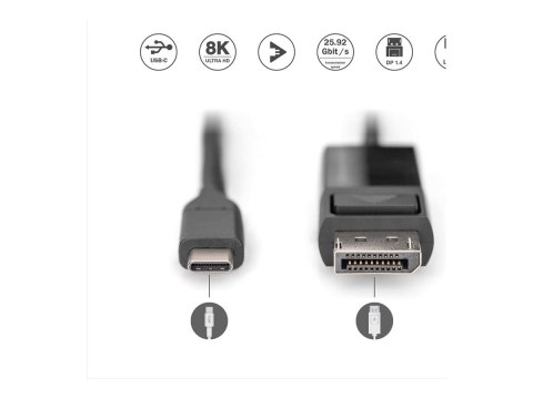 DIGITUS - Kabel przejściowy - USB-C (M) do DisplayPort (M) - DisplayPort 1.4 - 2 m - odlewany, obsługa 2K, dwukierunkowy, obsług
