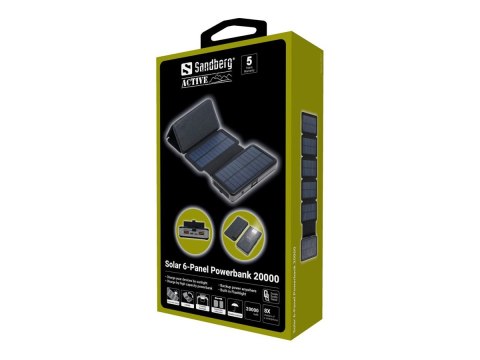 Sandberg Active 6-Panel - Power bank słoneczny - Li-pol - 20000 mAh - 74 Wh - 3 A - PD - 3 złącza wychodzące (2 x USB, USB-C) - 