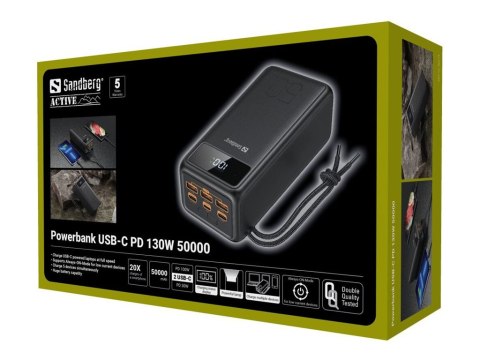 Sandberg Active - Powerbank - 50000 mAh - 185 Wh - 5 A - 3 złącza wychodzące (USB) - przewodowo: USB-C