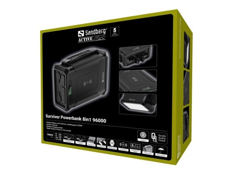 Sandberg Active Survivor 8in1 - Powerbank + zasilacz AC + zasilacz samochodowy 32700 - 96000 mAh - 307.2 Wh - 180 wat - 5 A - PD