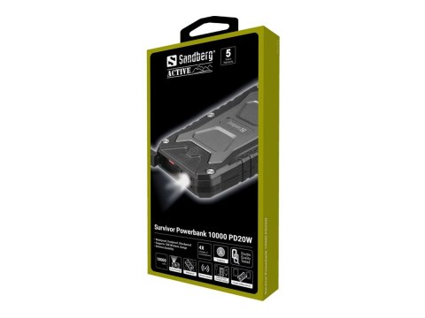 Sandberg Active Survivor - Powerbank - 10000 mAh - 37 Wh - 22.5 wat - 5 A - PD - 2 złącza wychodzące (USB, USB-C) - przewodowo: 