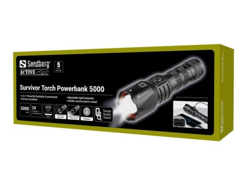 Sandberg Active Survivor Torch Powerbank 5000 - Powerbank - 5000 mAh - 18.5 Wh - 2 A - 2 złącza wychodzące (USB, USB-C) - czarny