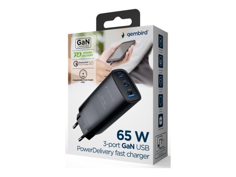 Gembird - Zasilacz - 65 wat - 4.8 A - PD, QC 3.0 - 3 złącza wychodzące (USB, USB-C) - czarny