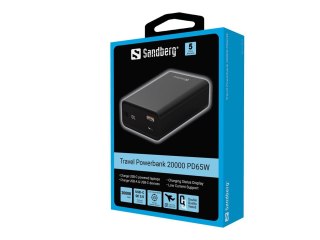 Sandberg PD65W - Powerbank - 20000 mAh - 77 Wh - 65 wat - PD, QC 3.0 - 2 złącza wychodzące (USB Typ A, USB-C)