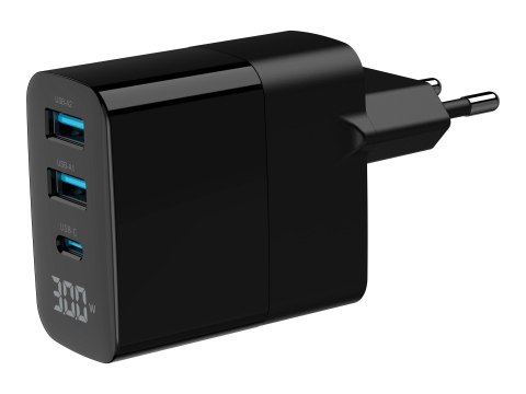 Gembird - Zasilacz - GaN, LCD - 30 wat - 3 A - PD, QC 3.0 - 3 złącza wychodzące (2 x 9 pin USB Typ A, USB-C) - czarny