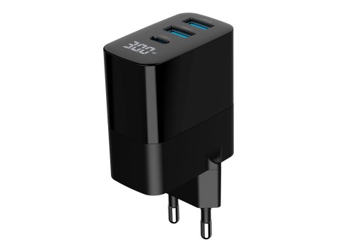 Gembird - Zasilacz - GaN, LCD - 30 wat - 3 A - PD, QC 3.0 - 3 złącza wychodzące (2 x 9 pin USB Typ A, USB-C) - czarny