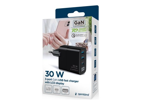 Gembird - Zasilacz - GaN, LCD - 30 wat - 3 A - PD, QC 3.0 - 3 złącza wychodzące (2 x 9 pin USB Typ A, USB-C) - czarny
