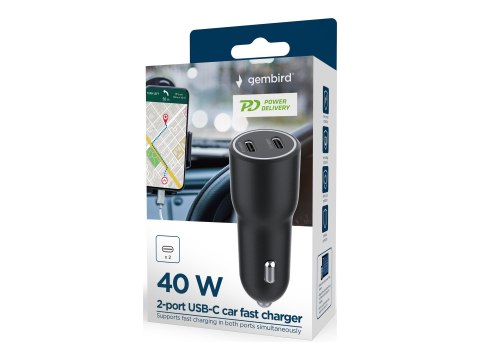 Gembird - Zasilacz samochodowy - 40 wat - 3 A - PD - 2 złącza wychodzące (USB-C) - czarny
