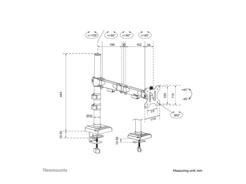 Neomounts DS60-600BL1 - Zestaw do montażu (ramię monitora, zacisk grumotu) - pełny zakres ruchu - dla monitor - stal - czarny - 