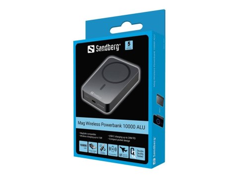 Sandberg 1000 ALU - Bezprzewodowy powerbank - Li - 10000 mAh - 38.5 Wh - 20 wat - 3 A (USB-C)