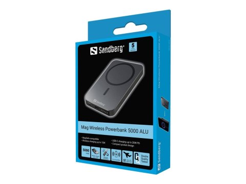 Sandberg 5000 ALU - Bezprzewodowy powerbank - Li - 5000 mAh - 19.25 Wh - 20 wat - 3 A (USB-C)