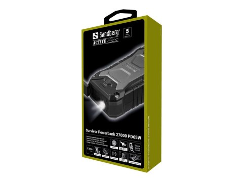 Sandberg Active Survivor - Powerbank - PD - 5 / 9 / 12 / 15 V - 65 wat - 27000 mAh - 99.9 Wh - złącza wyjściowe: 4