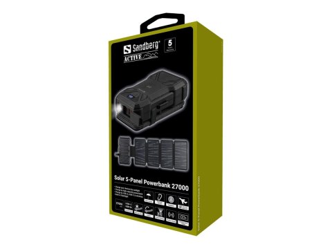 Sandberg Solar PowerBank - Bezprzewodowa ładowarka / bank energii solarny - 5-panel - 27000 mAh - 99.9 Wh - 22.5 wat - 1.67 A - 