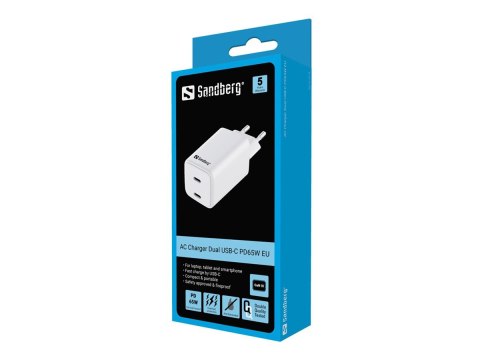 Sandberg - Zasilacz - 65 wat - 3.25 A - 2 złącza wychodzące (USB-C) - Europa