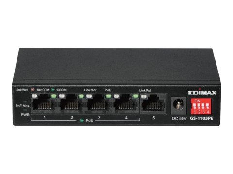 Edimax GS-1105PE - Przełącznik - długi zasięg, przełącznik DIP - niezarządzalny - 4 x 10/100/1000 (PoE+) + 1 x 10/100/1000 - sta