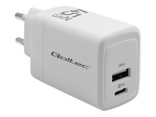 Qoltec - Zasilacz - GaN, 5-20V, 1,5-3A - 45 wat - 3 A - PD, QC 3.0 - 2 złącza wychodzące (USB, USB-C (PD)) - biały