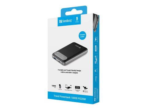 Sandberg Travel - Powerbank - 10000 mAh - 38.5 Wh - 20 wat - 4.5 A - PD - 2 złącza wychodzące (USB, USB-C)