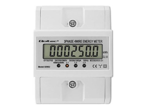 Qoltec - Jednostka monitorująca zasilanie (montaż na szynie DIN) - LCD, 4P - AC 400 V - trójfazowa - biały