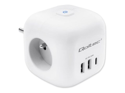 Qoltec - Socket splitter - gniazdko przedłużacz 6-w-1 z oświetlonym włącznikiem, USB PD 20W - AC 230 V - 3680 wat - wejście: Typ
