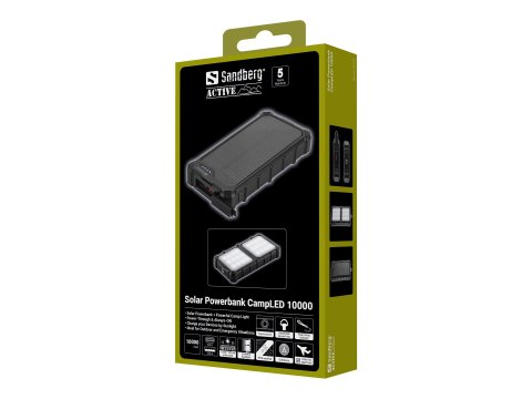 Sandberg Active - Power bank słoneczny - 10000 mAh - 37 Wh - 22.5 wat - 3 A - PD/PPS - 2 złącza wychodzące (USB, USB-C)