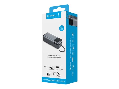 Sandberg All-in-1 - Powerbank - 5 / 9 / 12 / 15 / 20 / 28 V - 240 wat - litowo-polimerowa - 27000 mAh - 97.2 Wh - złącza wyjścio