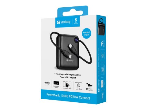 Sandberg Connect - Powerbank - 10000 mAh - 38.5 Wh - 20 wat - 3 A - PD 2.0, Power Delivery 3.1, QC 2.0, QC 3.0 - 3 złącza wychod