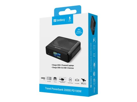 Sandberg Travel - Bezprzewodowy powerbank - 5 / 9 / 12 / 15 / 20 V - 100 wat - litowo-polimerowa - 20000 mAh - 77 Wh - złącza wy