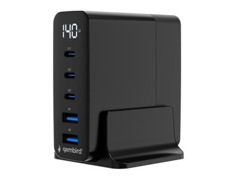 Gembird - Zasilacz - GaN - 140 wat - 5 A - PD, QC 3.0 - 5 złącza wychodzące (3 x USB-C, 2 x USB) - czarny